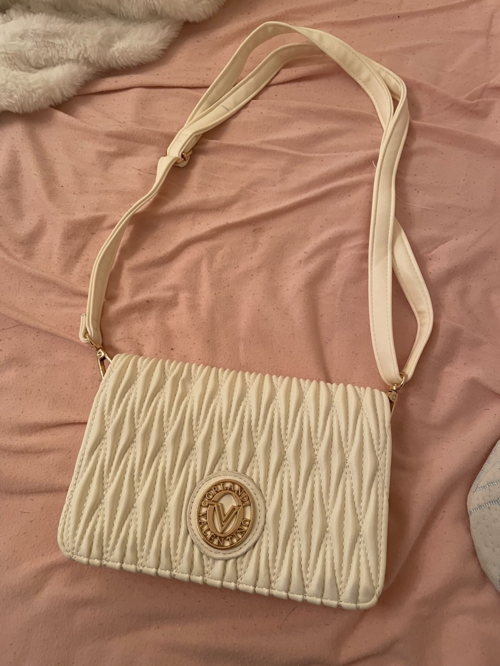 Valentino Orlandi Cream Quilted Crossbody Bag with Gold Emblem